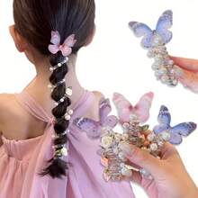 2pcs Elegant Butterfly Headbands For Girls - Vibrant Floral & Accents, Durable Plastic Hair Accessories For Daily Wear & Special Events, Parties, All-Season Use, Daily Wear Headband | Elegant Hair Tie | Intricate Design - 紫色 - 查看 1