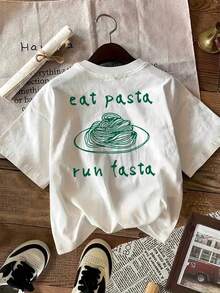 Women's Graphic Tee - "Eat Pasta Run Fast"T-Shirt,Casual, Loose Fit, Short Sleeve, Crew Neck Top With Green Pasta & Meatballs Design ,Perfect For Spring & Summer, Playful, Comfortable