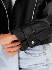 Slim Leather Jacket, Casual Zipper Pocket Belt Jacket, All Seasons - Black - View 7