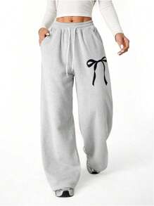 's Bowknot Baggy Sweatpants Lightweight Straight Leg Athletic Pants With Pockets