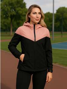 Women's Windbreaker Jacket Waterproof Lined Casual Fabric Zipper Evening Airport Clothes Travel Autumn Winter - 黑色和粉紅色 - 查看 1