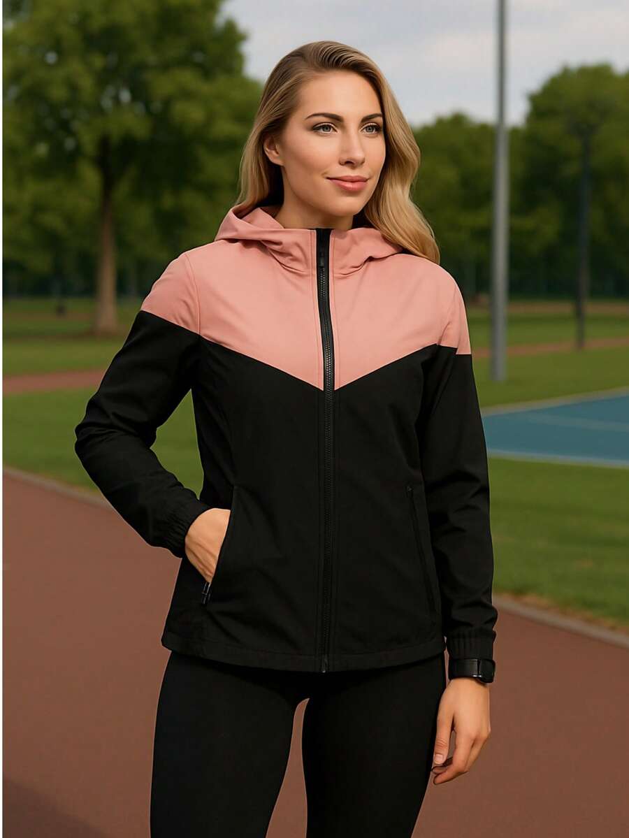 Women's Windbreaker Jacket Waterproof Lined Casual Fabric Zipper Evening Airport Clothes Travel Autumn Winter - 黑色和粉紅色 - 查看 1