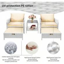 Balcony Furniture 5 Piece Patio Conversation Set, PE Wicker Rattan Outdoor Lounge Chairs With Soft Cushions 2 Ottoman&Glass Table For Porch, Lawn-Brown Wicker - 灰色/卡其色 - 查看 5