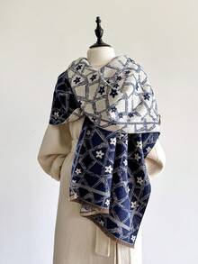 1pc Minimalist Floral Jacquard Knit Scarf, Warm And Fashionable For Women, Suitable For Air-Conditioned Rooms, Autumn/Winter - Multicolor - View 7