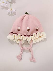 1pc Baby Cute Ruffle Flower Winter Warm Outdoor Earflap Princess Style Knitted Bonnet Hat - 1PC - View 3