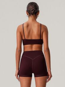 Sodalemon 女士两件套健身套装露背加厚运动文胸无缝前缝户外骑行短裤弹力健身房训练运动套装