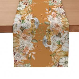 1 件秋季橙色南瓜和花卉印花桌旗，100% 涤纶仿亚麻面料，餐桌装饰，家居装饰，厨房装饰，矩形桌布，适用于厨房、餐桌、家庭聚会装饰、礼物