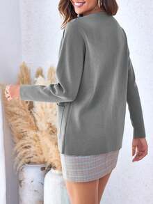 Women Crew Neck Button Down Cardigan Sweater Blazer Casual Long Sleeve Knit Solid Sweater With Pockets - 灰色 - 查看 4