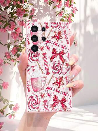 1pc Cute Christmas Bow & Candy Pattern Pink Straight Edge Shockproof Lens Full Coverage Protective Phone Case, Fashionable & Suitable For Both Men And Women, Ideal Choice For Fashion Lovers, Minimalist & Stylish Design Compatible With IPhone 17/17 Pro/17 Pro Max/17 Air/16/11/16 Pro/16 Plus/16 Pro Max/16e/15 Pro Max/13/14/12/11/7G/8P And Galaxy, Redmi, OPPO/VIVO, HONOR X8/X8B/X7A/X5/X9B/X9A