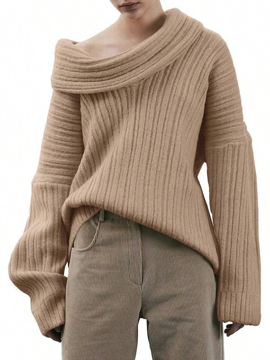 Womens Off The Shoulder Sweater Top Oversized Fall Batwing Boat Neck Knit Sexy Casual Pullover - Nâu nhạt - Xem 1