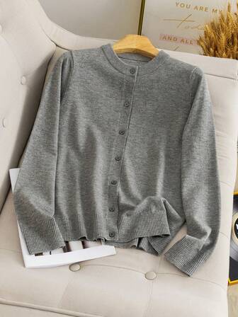 Women's Minimalist Versatile Elegant Round Neck Long Sleeve Single-Breasted Knit Cardigan