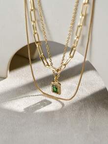 3 件套简约链条项链套装，配立方氧化锆吊坠，多层回形针式女士项链，适合夏季假日配饰（扣环数量随机）