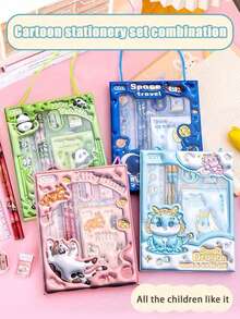 1 Cartoon Schreibwaren-Set inklusive Bleistift, Radiergummi und Lineal als Lerngeschenk für Kinder, Jungen und Mädchen, Abschlussgeschenke, Schüler, Zeichnen, Stifte, Schreibwaren, Jungen, Mädchen, Schule, Schreibutensilien, Rückkehr zur Schule, Weihnachtsgeschenke für Kinder