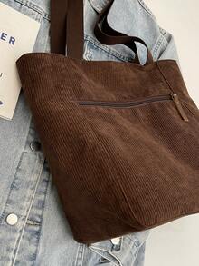 Túi đeo vai tối giản cho nữ, Túi tote vải nhung kẻ, Túi xách nữ có thể gấp gọn dung tích lớn, Túi mua sắm thời trang, Ba lô học sinh - màu nâu - Xem 10