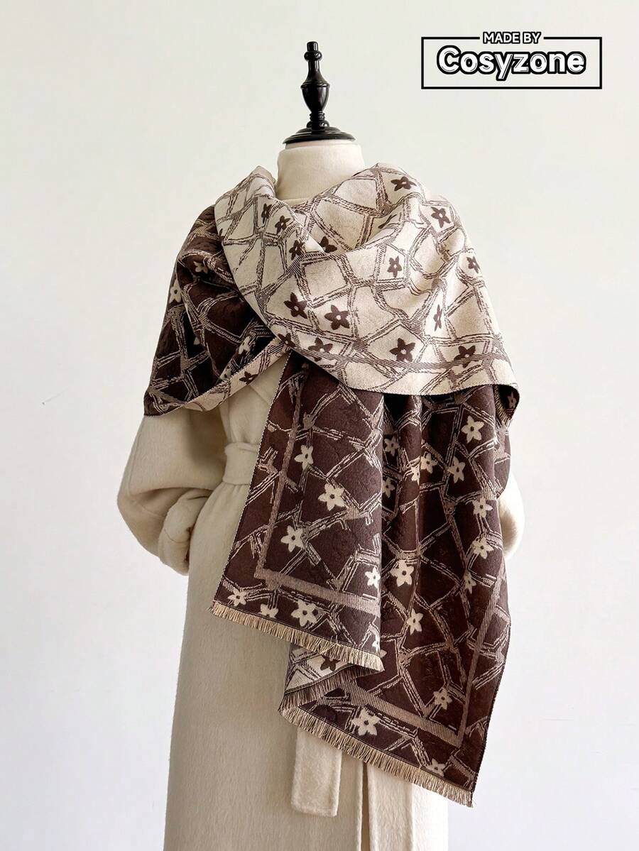 1pc Minimalist Floral Jacquard Knit Scarf, Warm And Fashionable For Women, Suitable For Air-Conditioned Rooms, Autumn/Winter - Multicolor - View 1