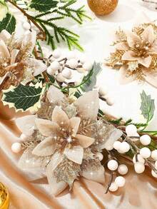 Conjunto de 10 flores de poinsétia douradas champanhe com prendedores, flores de Natal com glitter, flores artificiais luminosas, ótimas para decoração de árvores e guirlandas de Natal, decoração de árvores, casamentos, decorações de festas de fim de ano, celebrações em casa, festas de Natal, flores artificiais de Natal com glitter, enfeites para árvore de Natal, decorações de Feliz Natal para casa, presentes de Ano Novo.