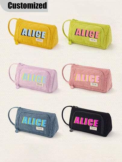 Personalized Pencil Case, Customized Large Capacity Pencil Case With Handle, Simple Corduroy Stationery Pencil Case, School Supplies, Back To School Season, School Supplies Store, Multifunctional, Unique, Customized, Employees, Clients, Students, Multifunctional, Decorative, Reusable, Modern, Colorful, Cute, Retro, Cartoon, Kawaii, Customized, Personalized, Unique, Customized, Employees, Clients, Students, Business/Work/Office, School