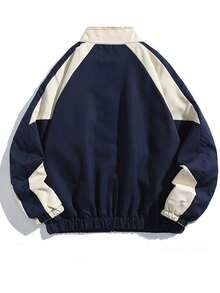 男士长袖复古撞色高领夹克，学院风休闲外套，简约必备单品，秋季款 - 藍色 - 查看 2