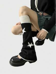 Retro American Style Knitted Leg Warmers, Five-Pointed Star Pattern, Flared Leg, Reversible, Slimming Slouchy Leg Warmers, Fall / Winter