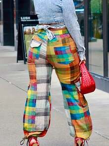 Street Color Contrast Bandage Patchwork Pockets Button Zipper Loose High Waist Wide Leg Patchwork Pants - màu sắc - Xem 2