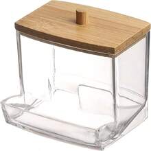 1 Stück klarer Acryl Wattestäbchen Halter mit elegantem Holzdeckel - schlanker Badezimmer Organizer Behälter für Wattestäbchen & Pads, robuster Kunststoff Make-up Aufbewahrungsbehälter