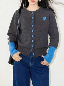 Wixra 秋冬新款韩版撞色针织开衫毛衣女外套时尚针织上衣 - 灰色 - 查看 5