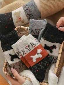 1 Pair/5 Pairs Women's New Autumn/Winter Vintage Japanese Fair Isle Warm Thick Fuzzy Cartoon Cute Puppy Pattern Mid-Calf Socks - Multicolor - View 1