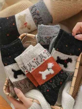 1 Pair/5 Pairs Women Vintage Fairisle Warm Thick Fuzzy Cartoon Puppy Pattern Mid-Calf Socks, Autumn/Winter