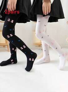 2 Pairs Girls' Bowknot Printed Stirrup Tights, Thin Leggings For Spring/Summer, Baby Toddler Outer Wear, Star & Heart Design