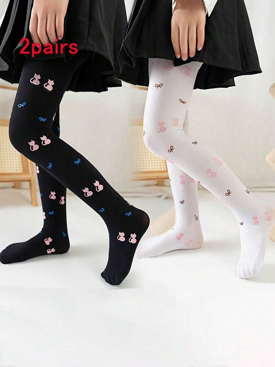 2 Pairs Girls' Bowknot Printed Stirrup Tights, Thin Leggings For Spring/Summer, Baby Toddler Outer Wear, Star & Heart Design