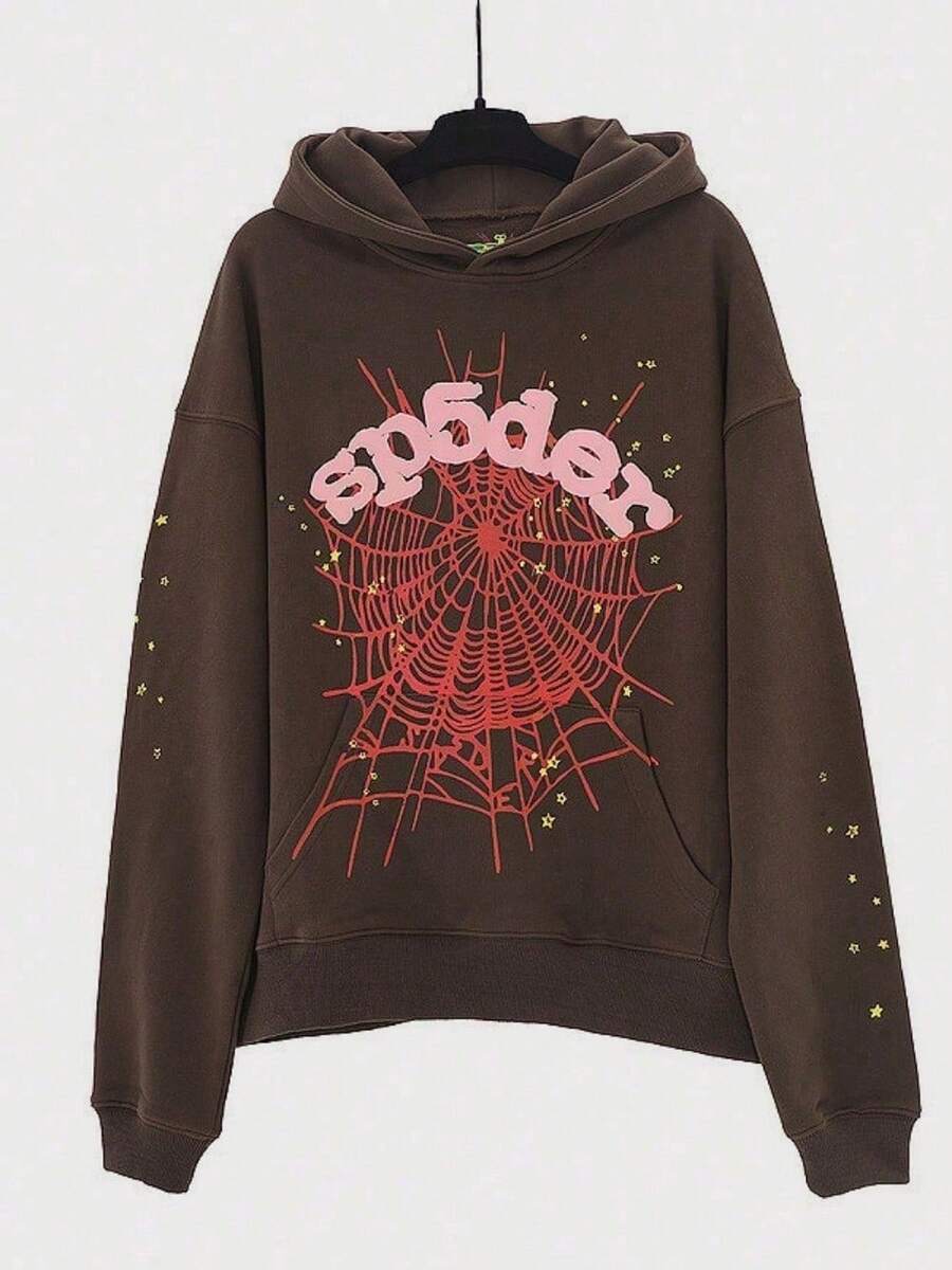 SP5DER Printed Loose Men's Hoodie - Cà phê nâu - Xem 1