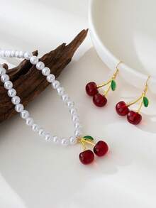 3pcs/Set Cherry Shaped Pendant Decor Faux Pearl Necklace & Earrings Set, Suitable For Women's Daily Or Multipurpose Wear