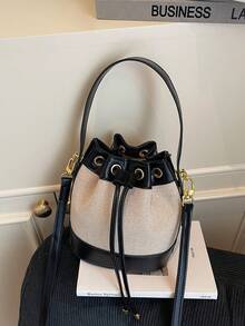 Women's Bucket Bag, Fashion Casual Straw Woven Shoulder Crossbody Bag, Drawstring Closure Mini Handbag - Black - View 3