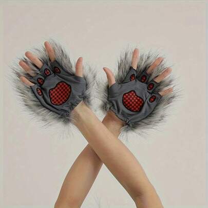 1 双毛绒狼爪手套，圣诞化装舞会道具，独特的狼爪手套