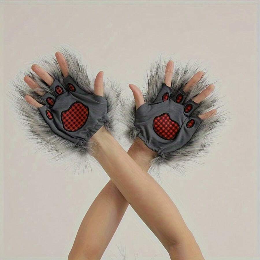 1 双毛绒狼爪手套，圣诞化装舞会道具，独特的狼爪手套 - 灰色 - 查看 1