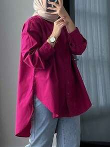 Women's Casual Long Sleeve Shirt, Suitable For All Seasons - Hot Pink - View 3