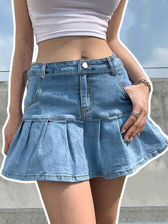 适合音乐节的夏季休闲 Y2K 风格褶皱牛仔迷你裙