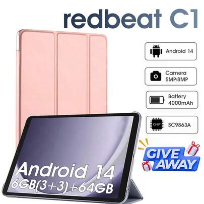redbeat Redbeat C1 8-Inch HD+ Tablet - For Android 14, Quad-Core Processor, 6GB RAM (3+3), 64GB Storage, Expandable To 1TB, Dual Cameras, Lightweight Design, Face Unlock, Supports Wireless Keyboard And Mouse, Suitable For Work, Study And Entertainment