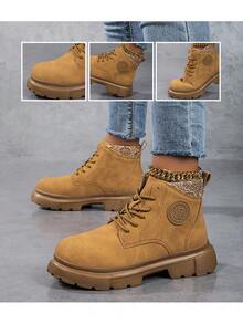 2025秋冬户外时尚靴，柔软透气，厚底设计，轻盈舒适，适合假日、旅行和节日穿着。四季皆宜，时尚踝靴和裸靴，女式高跟粗跟靴，英伦风，防水台，大码时尚踝靴 - 棕色 - 查看 2