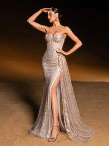 Faeriesty Haute Glamour Luxurious Sparkly Beaded Mermaid Gown With Strapless Silhouette & Dramatic Floor-Length Train For Bridal For Women