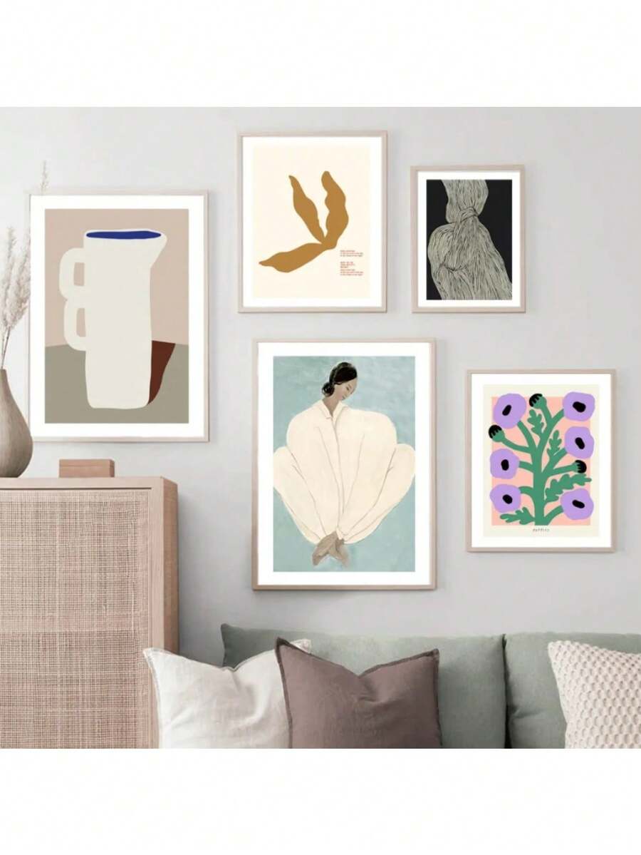 1 pieza Póster de pintura en lienzo de niña en pijama, arte abstracto geométrico con figura impresa, decoración nórdica para sala de estar y hogar