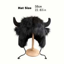 Women's Cow Skull Bucket Hat With Fluffy Horns - Winter Warm Ear Muffs, Soft Faux Mink Material, Suitable For Cold Weather Fashion Accessory, Cow Skull Hat, Outdoor Headwear, Halloween Costume Hat, Unique Sound-Making Headpiece, Warm Headgear, Essential For Women Fall - Multicolor - View 8