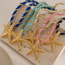 1 件时尚奢华 18K 金不锈钢海螺、海星和太阳吊坠项链，女士百搭配饰 - 金色 - 查看 6