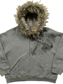 Fluffy Hat Sweater Long Sleeve Pullover Hoodie Retro Jacket Street  Y2k - 灰色 - 查看 1