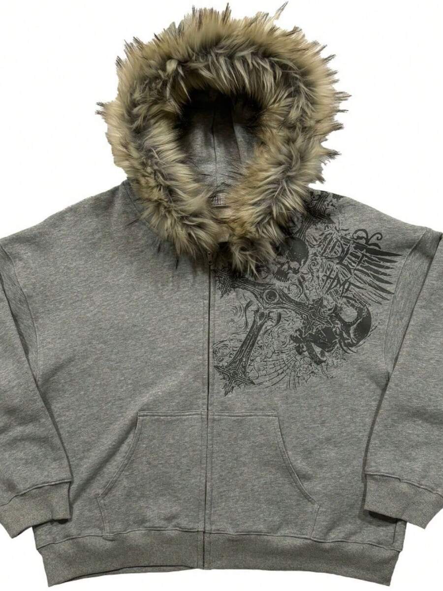 Fluffy Hat Sweater Long Sleeve Pullover Hoodie Retro Jacket Street  Y2k - 灰色 - 查看 1