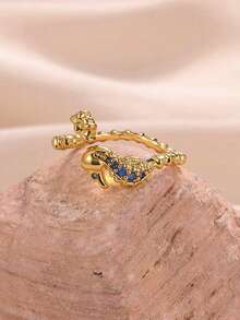 Anel em aço inoxidável banhado a ouro 18K com cavalo-marinho em zircônia azul, acessório de joalheria com tema oceânico, presente de Natal para namorada/filha.