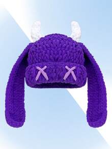1pc Handmade Crochet Funny Devil Beanie Hat, Unique Street Style Warm Knit Cap For Women & Men, Couples Winter Women