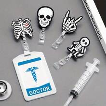 Xray Badge Reels 4PCS Acrylic Skeleton Retractable Badge Holder With Alligator Clip Glitter Rib Skull Patterns ID Badge Clips For Rad Tech Nurse Doctor Student Halloween Christmas Gift Idea - 4PCS - View 7