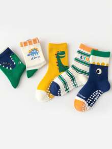5 双儿童防滑地板袜，字母、条纹、卡通恐龙图案，幼儿男童女童宝宝爬行软底中筒袜，适合日常休闲穿着 - 彩色 - 查看 7