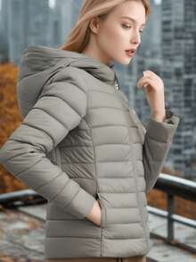 Women's Jacket Quilted Contrast Color Pocket Zipper - Beige - View 2